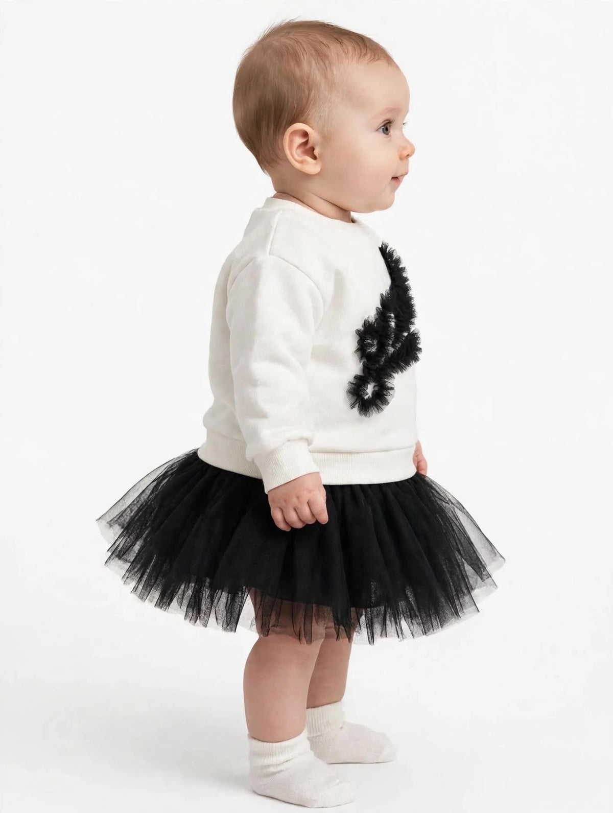 Gcds abito neonato in cotone bianco e toulle nero con logo