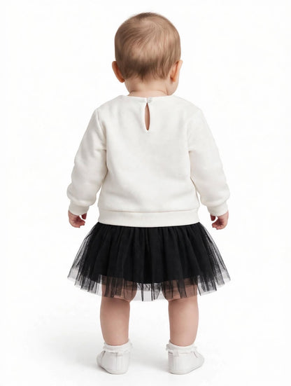 Gcds abito neonato in cotone bianco e toulle nero con logo