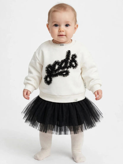 Gcds abito neonato in cotone bianco e toulle nero con logo