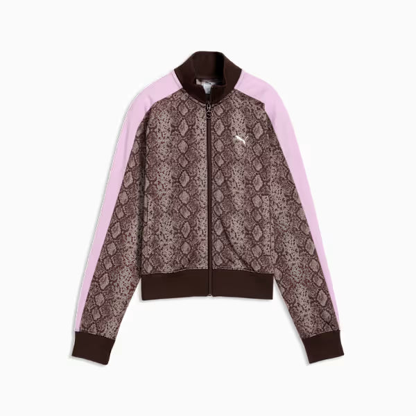 PUMA Felpa con zip PYTHON PRINT TRACK JACKET marrone e rosa da donna con fantasia pitonata
