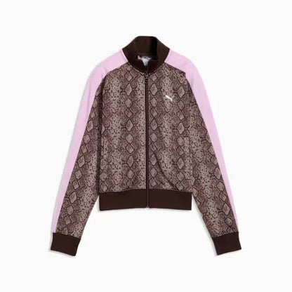 PUMA Felpa con zip PYTHON PRINT TRACK JACKET marrone e rosa da donna con fantasia pitonata