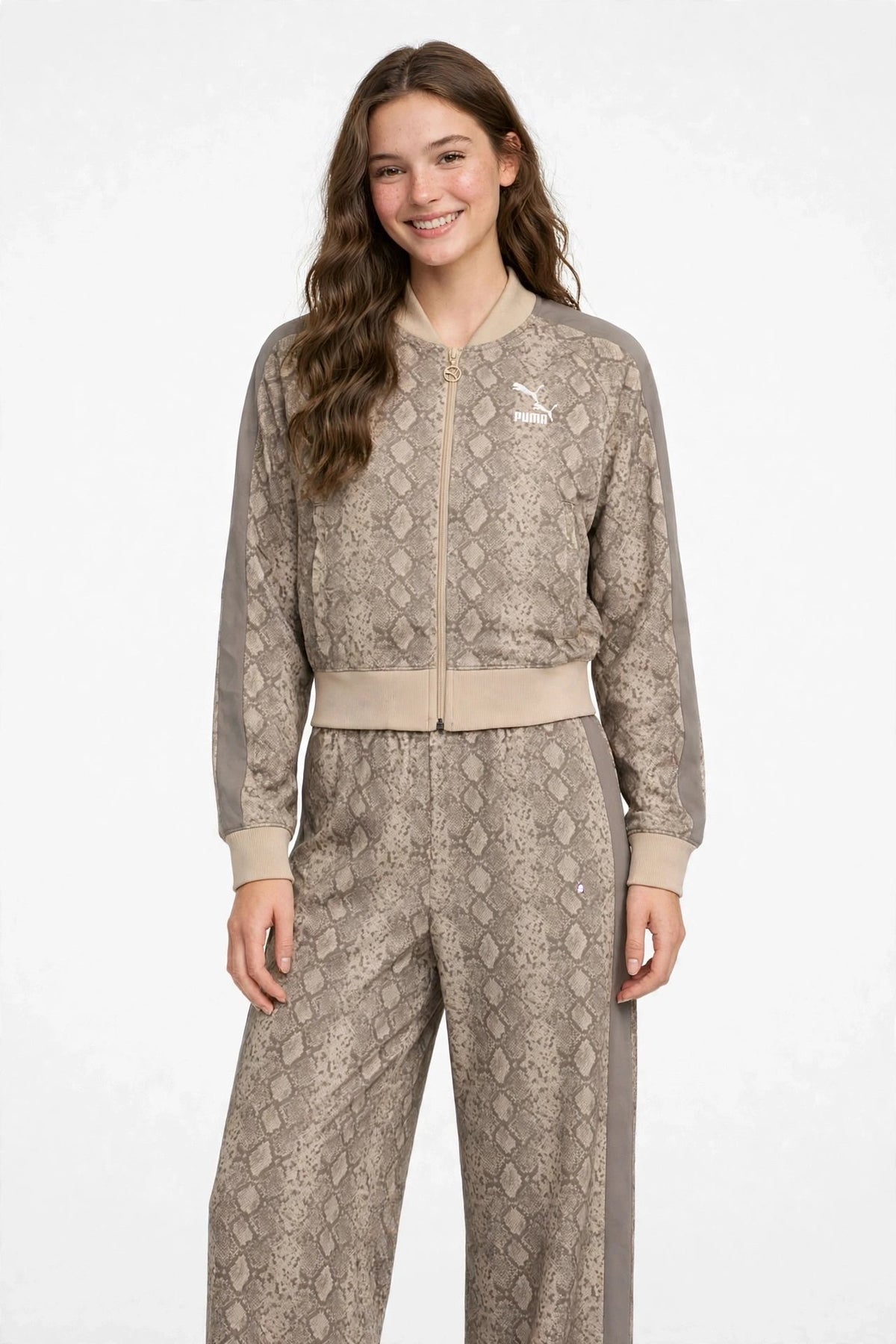 PUMA Felpa con zip PYTHON PRINT TRACK JACKET marrone e rosa da donna con fantasia pitonata