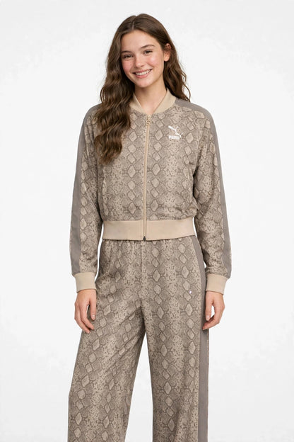 PUMA Felpa con zip PYTHON PRINT TRACK JACKET marrone e rosa da donna con fantasia pitonata